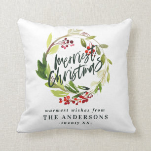 merriest christmas watercolor red berry foliage throw pillow