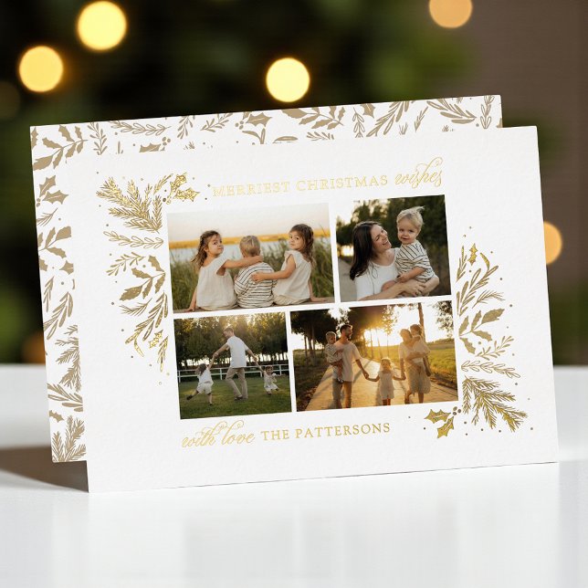 Merriest Christmas Wishes 4 Photo Botanical Floral Foil Holiday Card (Creator Uploaded)