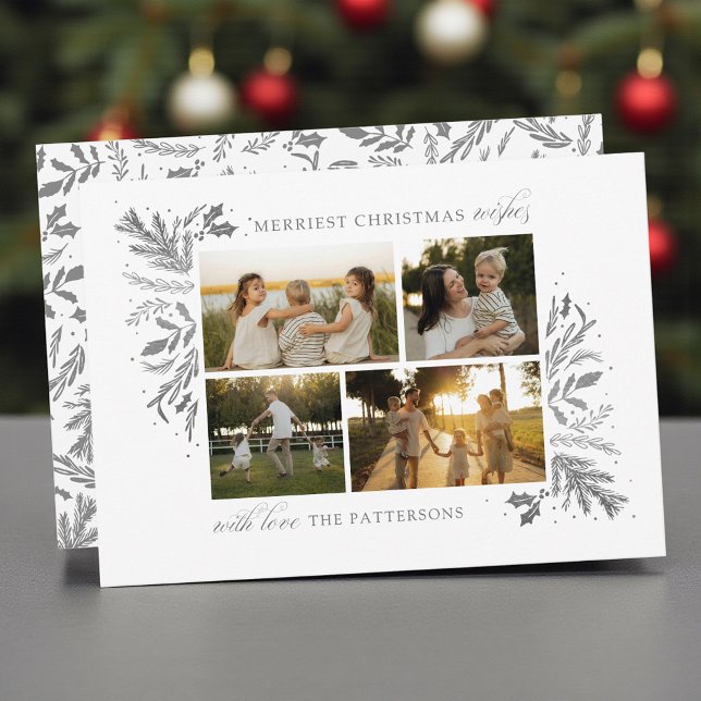 Merriest Christmas Wishes 4 Photo Botanical Floral Holiday Card (Creator Uploaded)
