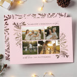 Merriest Christmas Wishes 4 Photo Botanical Floral Holiday Card<br><div class="desc">Merriest Christmas Wishes 4 Photo Botanical Floral Holiday Card Christmas Card features your favourite photo on the front with the text "Merriest Christmas Wishes" in modern gold calligraphy script typography on a pink background and personalized with your family name below. On the reverse is an elegant gold botanical pattern. Perfect...</div>
