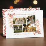 Merriest Christmas Wishes 4 Photo Botanical Floral Holiday Card<br><div class="desc">Merriest Christmas Wishes 4 Photo Botanical Floral Holiday Card Christmas Card features your favourite photo on the front with the text "Merriest Christmas Wishes" in modern orange calligraphy script typography on a white background and personalized with your family name below. On the reverse is an elegant gold botanical pattern. Perfect...</div>