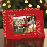 Merriest Christmas Wishes 4 Photo Botanical Floral Holiday Card<br><div class="desc">Merriest Christmas Wishes 4 Photo Botanical Floral Holiday Card Christmas Card features your favourite photo on the front with the text "Merriest Christmas Wishes" in modern gold calligraphy script typography on a scarlet red background and personalized with your family name below. On the reverse is an elegant gold botanical pattern....</div>