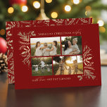 Merriest Christmas Wishes 4 Photo Botanical Floral Holiday Card<br><div class="desc">Merriest Christmas Wishes 4 Photo Botanical Floral Holiday Card Christmas Card features your favourite photo on the front with the text "Merriest Christmas Wishes" in modern gold calligraphy script typography on a red background and personalized with your family name below. On the reverse is an elegant gold botanical pattern. Perfect...</div>