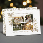 Merriest Christmas Wishes 4 Photo Botanical Floral Holiday Card<br><div class="desc">Merriest Christmas Wishes 4 Photo Botanical Floral Holiday Card Christmas Card features your favourite photo on the front with the text "Merriest Christmas Wishes" in modern gold calligraphy script typography on a white background and personalized with your family name below. On the reverse is an elegant gold botanical pattern. Perfect...</div>