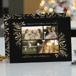 Merriest Christmas Wishes 4 Photo Botanical Floral Holiday Card<br><div class="desc">Merriest Christmas Wishes 4 Photo Botanical Floral Holiday Card Christmas Card features your favourite photo on the front with the text "Merriest Christmas Wishes" in modern gold calligraphy script typography on a black background and personalized with your family name below. On the reverse is an elegant gold botanical pattern. Perfect...</div>