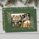 Merriest Christmas Wishes 4 Photo Botanical Floral Holiday Card<br><div class="desc">Merriest Christmas Wishes 4 Photo Botanical Floral Holiday Card Christmas Card features your favourite photo on the front with the text "Merriest Christmas Wishes" in modern gold calligraphy script typography on a green background and personalized with your family name below. On the reverse is an elegant gold botanical pattern. Perfect...</div>