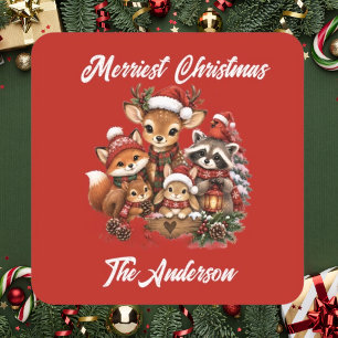 Merriest Christmas Woodland Creatures Family Square Sticker