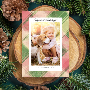 Merriest Holiday Photo Festive Pink Green Plaid Postcard