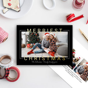 Merriest Modern Gold Text Black Photo Foil Holiday Card