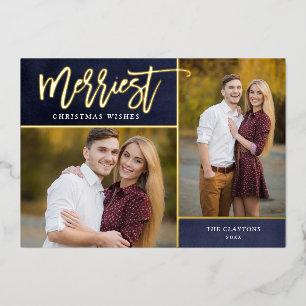 Merriest Real Gold Foil 2 Photo Christmas Holiday Card