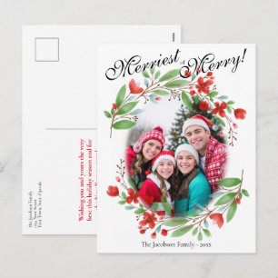 Merriest Red Watercolor Floral Christmas Photo Holiday Postcard