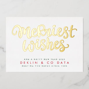 Merriest Wishes on White Premium   Gold Corporate Foil Holiday Card
