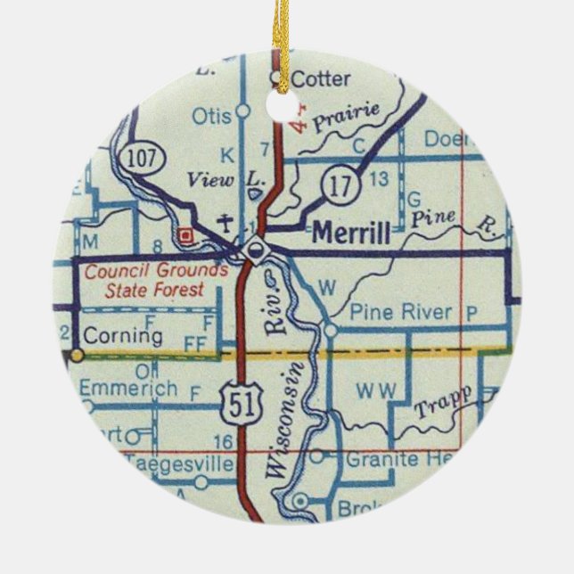 Merrill WI Map Ceramic Ornament (Back)