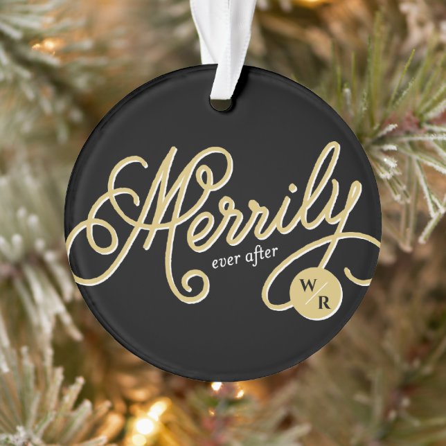 Merrily Ever After Curly Script Christmas Photo Ornament (Tree)