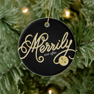 Merrily Ever After Curly Script Photo Christmas Ceramic Ornament