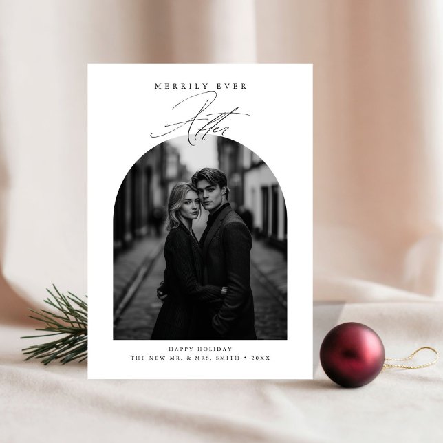 Merrily Ever After Elegant Newlywed Black White Holiday Card (Creator Uploaded)