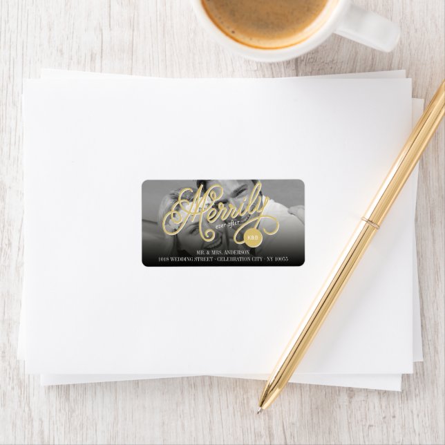 Merrily Ever After Gold Curly Script Photo Address Label (Insitu)