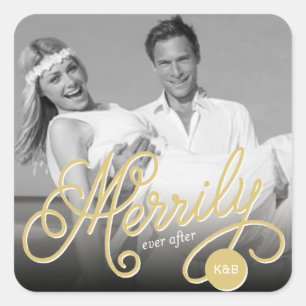 Merrily Ever After Gold Curly Script Photo Wedding Square Sticker