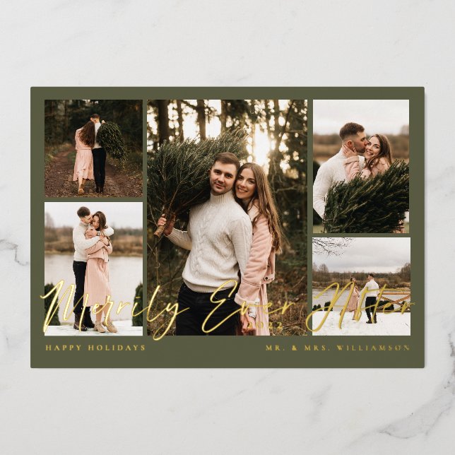 Merrily Ever After Minimal 5 Photo Collage Foil Holiday Card (Front)