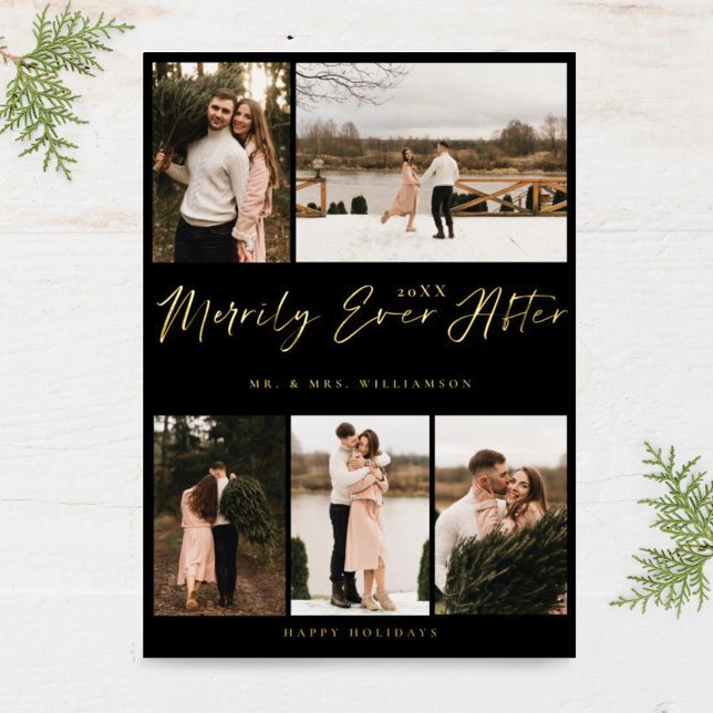Merrily Ever After Minimal 5 Photo Collage Foil Holiday Card (Creator Uploaded)