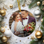 Merrily Ever After Newlywed Christmas Ceramic Ornament<br><div class="desc">Personalized holiday photo ornament for newlyweds features a favourite wedding photo on each side,  with "Merrily Ever After" overlaid in white calligraphy. Customize with your names and wedding date.</div>