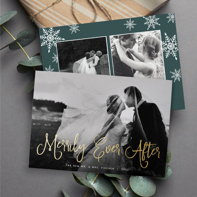 Merrily Ever After Newlywed Photo Foil Holiday Card (Creator Uploaded)