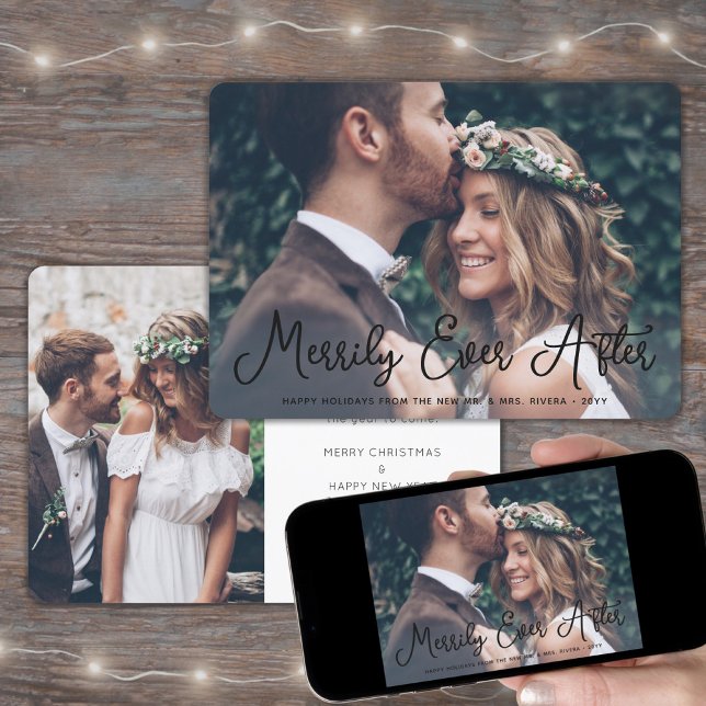 Merrily Ever After Newlyweds 1st Christmas 2 Photo Holiday Card (Creator Uploaded)