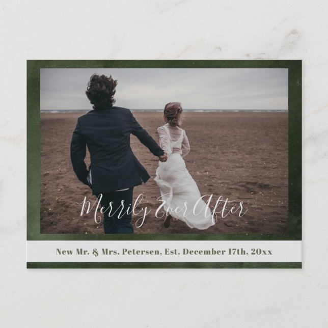 Merrily Ever After newlyweds Christmas green photo Holiday Postcard (Front)