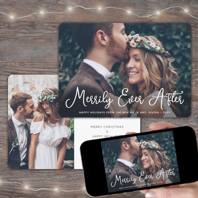 Merrily Ever After Newlyweds Photo First Christmas Holiday Card (Creator Uploaded)