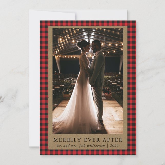 Merrily Ever After Rustic Red  Buffalo Check Photo Holiday Card (Front)