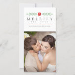 Merrily Ever After Simple Modern Newlywed Holiday Card<br><div class="desc">Simple,  elegant design,  featuring a flower and leaves in red-orange and mint green.  Text (which can be customized) reads "Merrily Ever After."  Template photo must be replaced with an image of your own prior to purchase.</div>