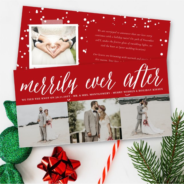 Merrily Ever After Simple Script 3 Photo Wedding Holiday Card (Creator Uploaded)
