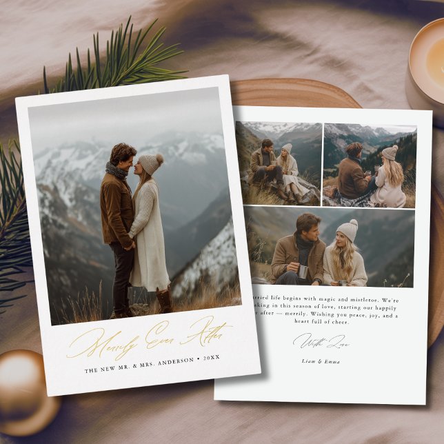 Merrily Ever After Wedding Christmas Photo Gold Foil Holiday Card (Creator Uploaded)
