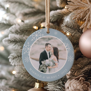 Merrily Ever After Wedding Photo Ceramic Ornament