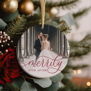 Merrily Ever After Wedding Photo Ceramic Ornament