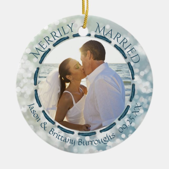Merrily Married 2 Photo Blue Teal Bokeh Cherish Ceramic Ornament (Front)