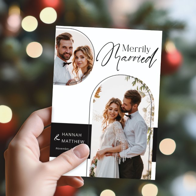 Merrily Married Holiday Wedding Black White Card (Creator Uploaded)