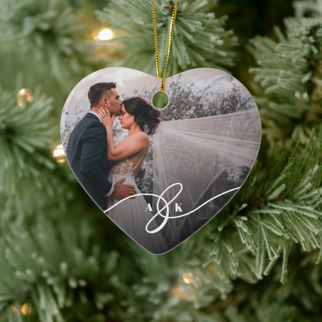Merrily Married Mr And Mrs First Christmas Photo Ceramic Ornament (Tree)