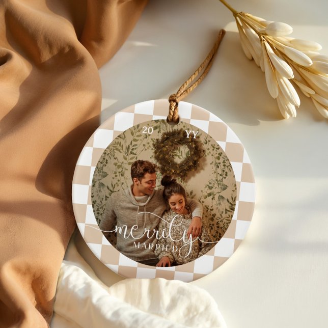 Merrily Married Retro Chequerboard Newlywed Photo Ceramic Ornament (Merrily Married Retro Checkerboard Newlywed Photo Ceramic Ornament)