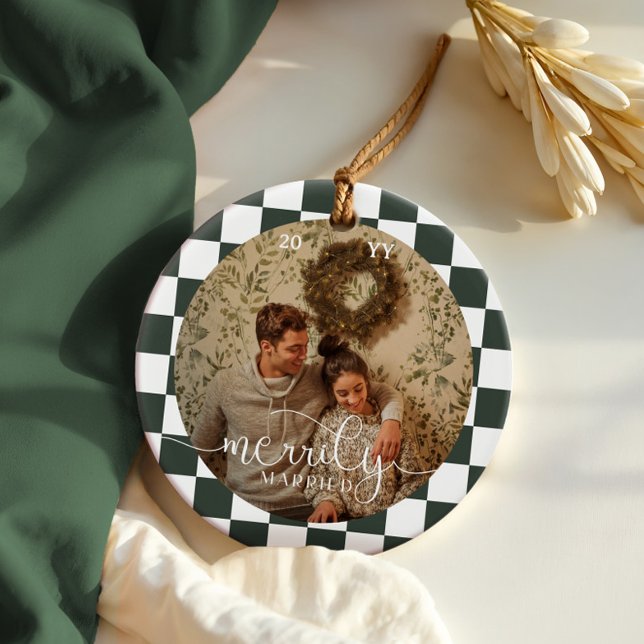 Merrily Married Retro Chequerboard Newlywed Photo Ceramic Ornament (Merrily Married Retro Checkerboard Newlywed Photo Ceramic Ornament)