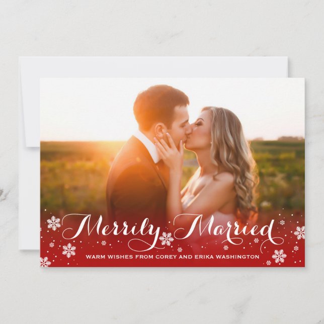 Merrily Married Snowflake Red Holiday Photo Card (Front)