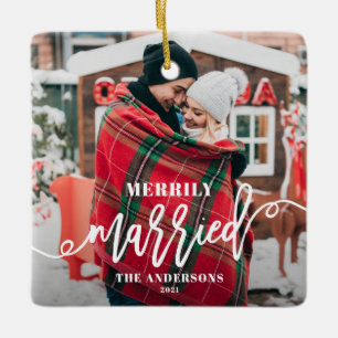 Merrily Married   White Newlyweds Christmas Photo Ceramic Ornament