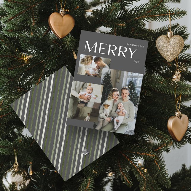 Merry 3 Photo Collage Modern Grey Christmas Holiday Card (Spread Cheer! Customize Your 'MERRY' Photo Holiday Card 📷🎄 [Upload Here])