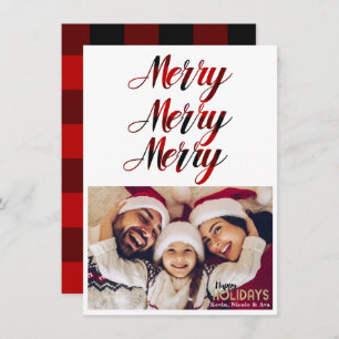 MERRY 3 Red Buffalo Plaid Holiday Carte photo