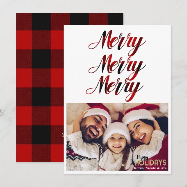 MERRY 3 Red Buffalo Plaid Holiday Photo Card (Front/Back)
