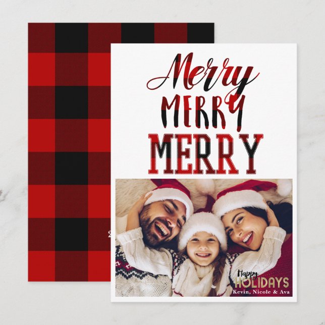 MERRY 3 Red Plaid Typographie Carte photo de vacan (Devant / Derrière)