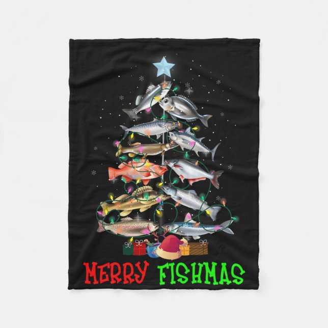 Merry A Fishmas Funny Christmas Tree Lights Fish F Fleece Blanket (Front)