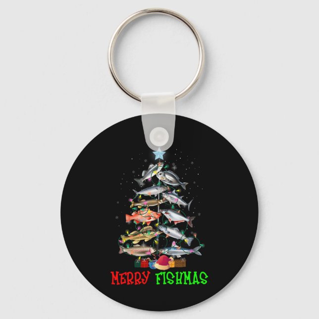 Merry A Fishmas Funny Christmas Tree Lights Fish F Keychain (Front)
