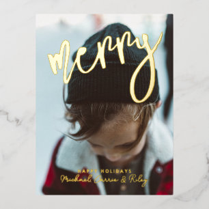 MERRY   Add Your Photo Foil Holiday Postcard