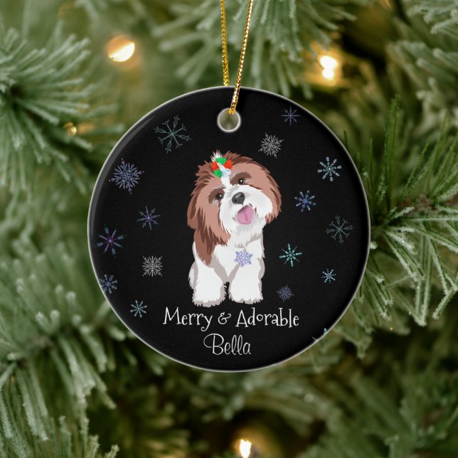 Merry & Adorable Shih Tzu With Snowflake Dog Name  Ceramic Ornament (Tree)